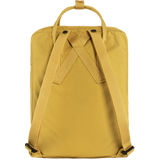 backside of a yellow kanken backpack