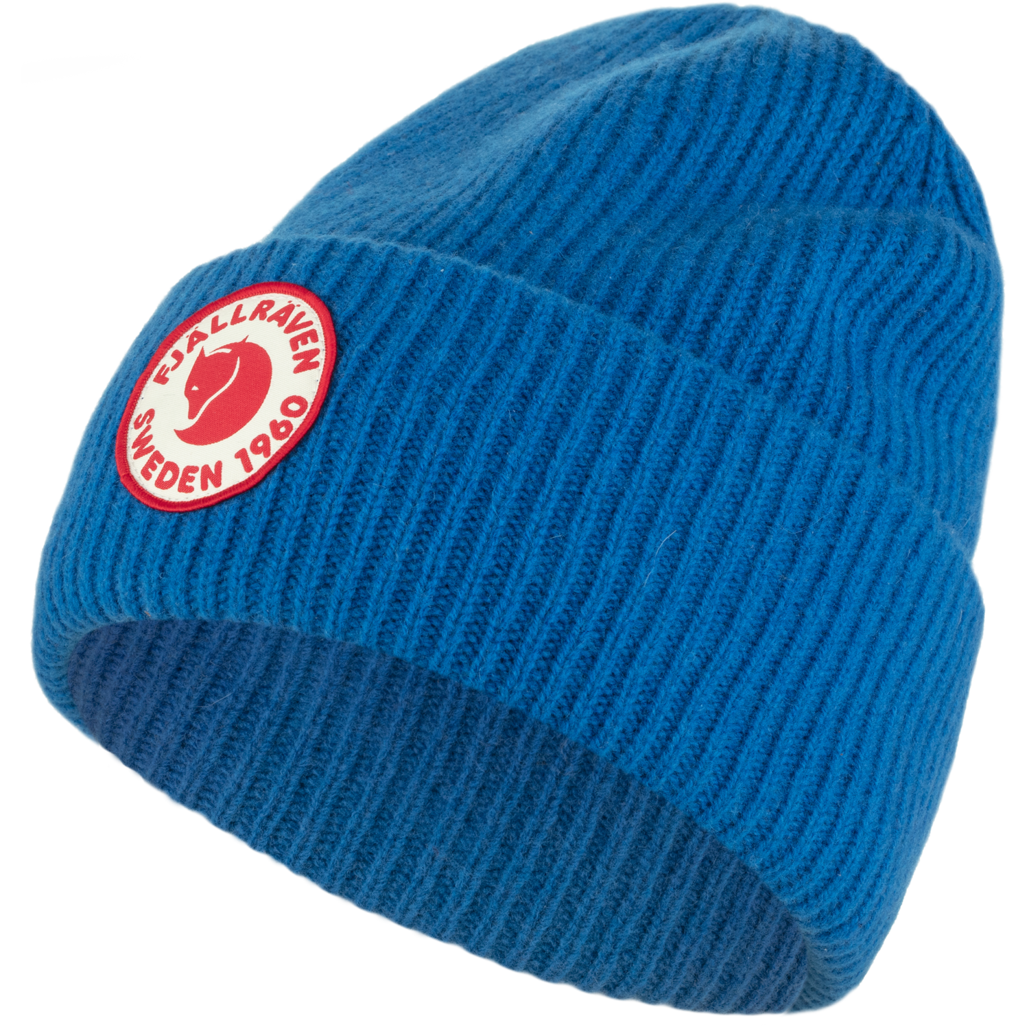 Woolen alpine blue hat or cap with red fox logo and with written fjallraven Sweden 1960 around it.