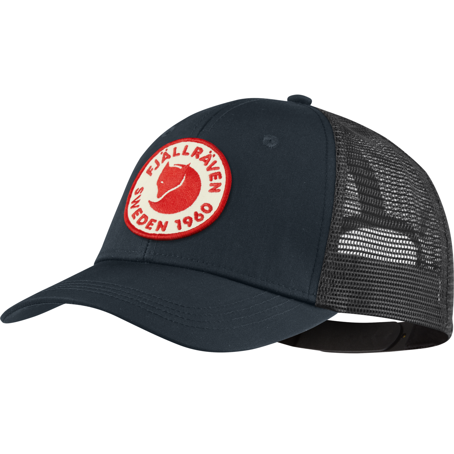 Front side of a navy blue half nat fjallraven's 1960 logo premium branded cap with red fox logo on it's front.