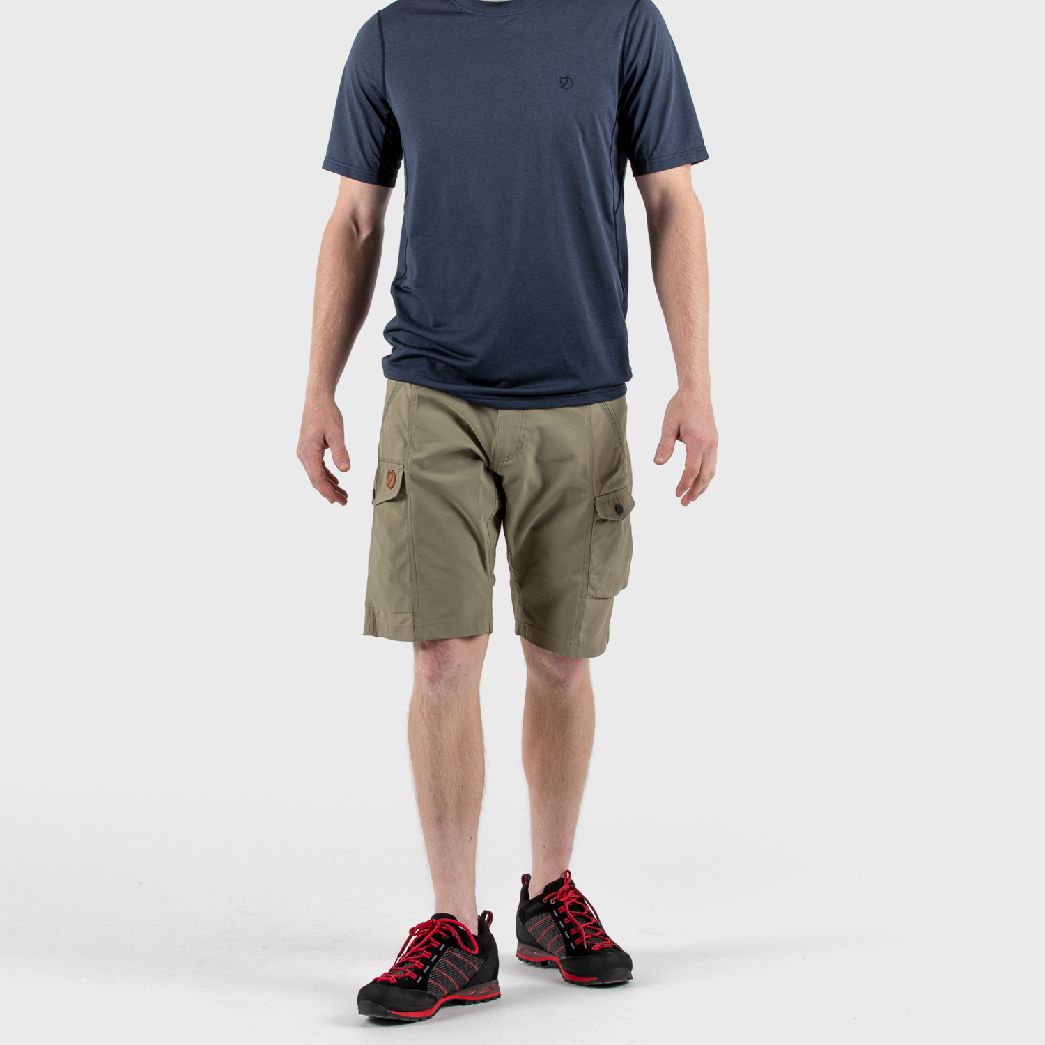 Fjallraven light olive branded premium men's shorts/trousers with leather fox logo and stylish pockets.
