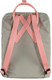 grey kanken with pink handle and pink shoulder straps